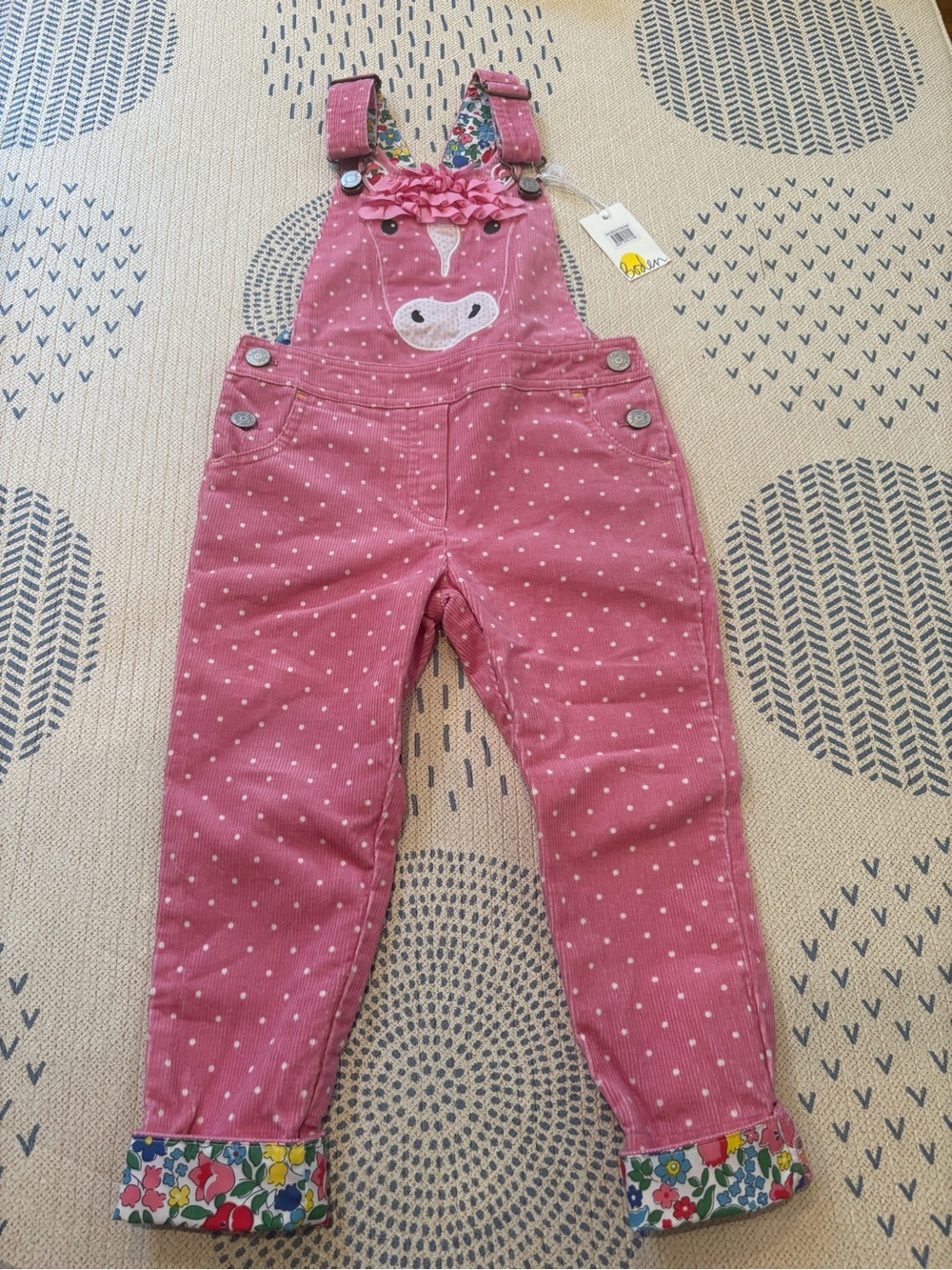 NWT Mini Boden Horse Appliqué Pink Polka Dot Kids Overalls with Floral Trim